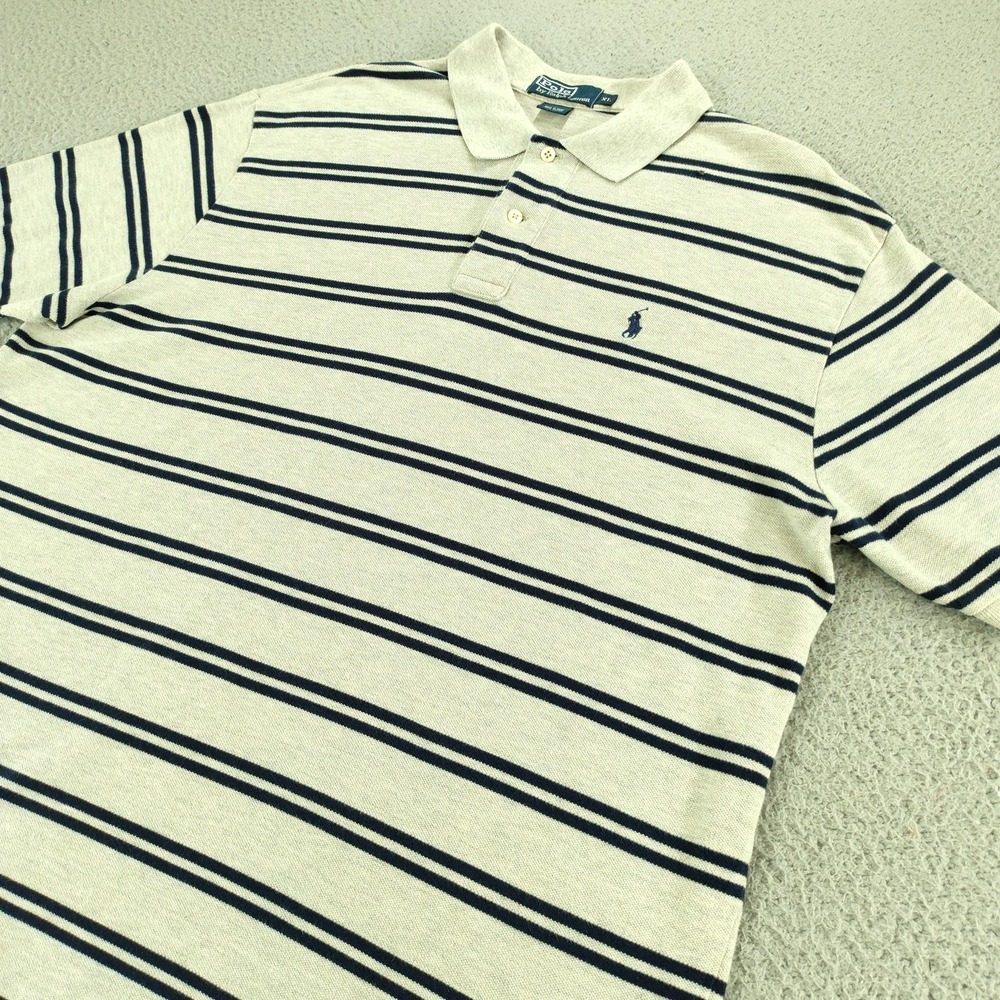 Polo By Ralph Lauren Polo Shirt Mens XL Gray w/ Navy Blue Stripe Pony Logo